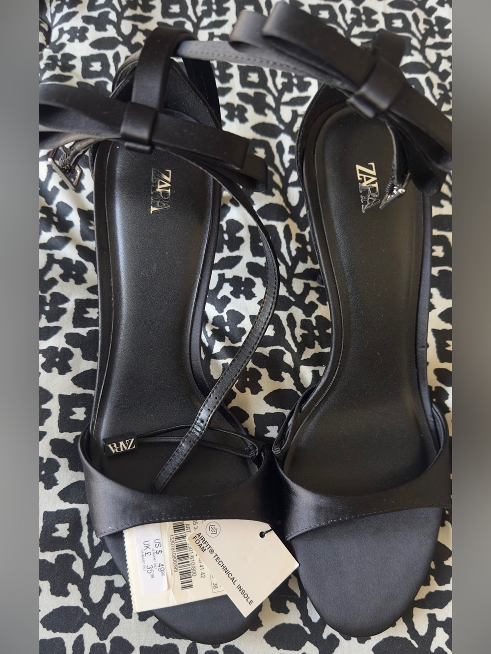 Zara Black Satin Bow Ankle-Strap Heels